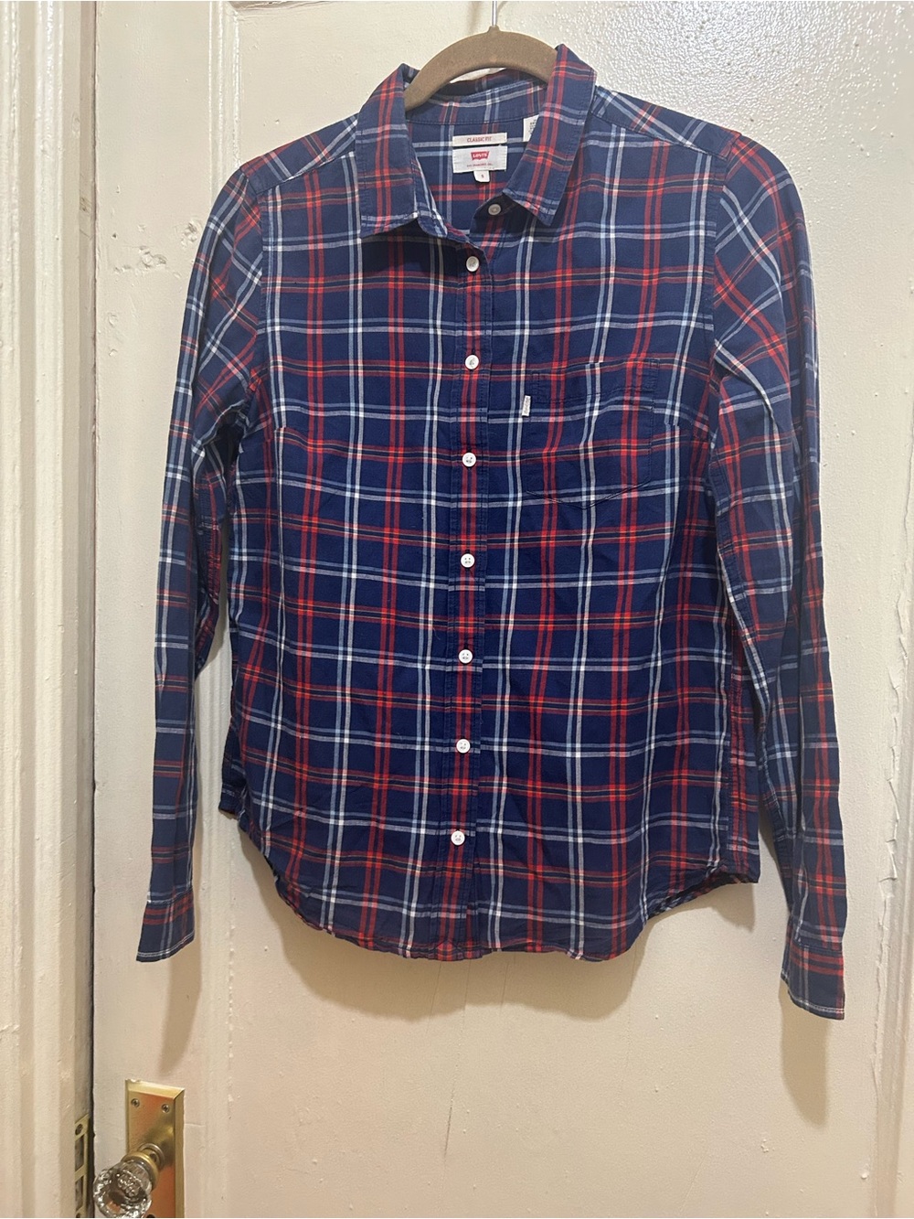 NWOT Levi's Classic Fit cotton linen Navy and Red Plaid Button-Down Shirt Sz S